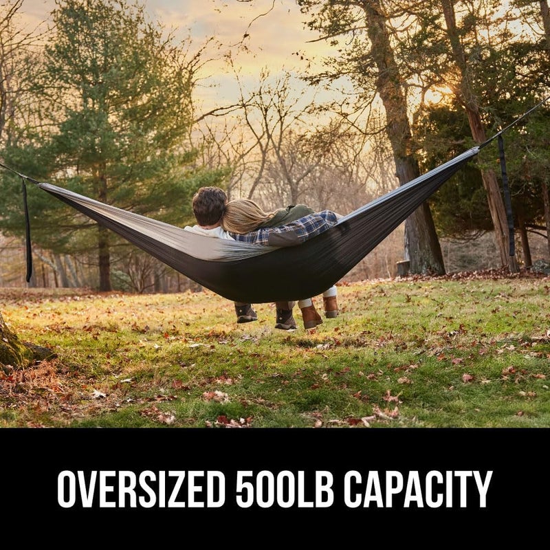 Gorilla Grip أرجوحة تخييم متينة مع أحزمة شجرة ثقيلة، أرجوحة محمولة للخارج، كرسي Swing سفر سهل الاستخدام، أساسيات المتنزهين في الهواء الطلق، هدايا معدات الرحلات، مزدوجة، سوداء - Image 3